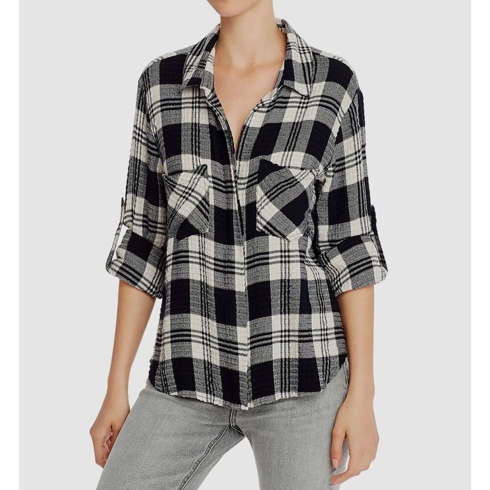 BELLA DAHL Black White Plaid Gauzy Long Sleeve Relaxed Oversized Shirt Medium